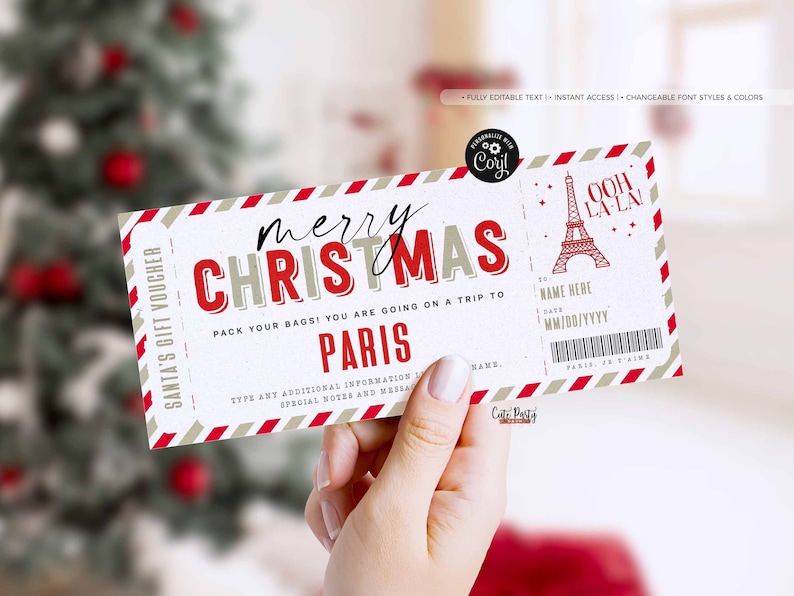 May include: A printable Christmas gift voucher with a red and white striped border. The voucher says "Merry Christmas" and "Pack your bags! You are going on a trip to Paris". The voucher also has a small image of the Eiffel Tower with the text "Ooh La La".