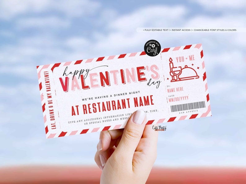 May include: A pink and red printable Valentine's Day dinner ticket with the text "Eat, Drink & Be My Valentine!" and "Happy Valentine's Day". The ticket says "We're having a dinner night at [Restaurant Name]" and includes a space for the date, name, and time.