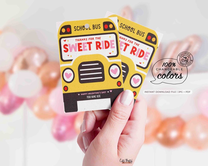 Puede incluir: Tarjeta de San Valent&iacute;n imprimible con un autob&uacute;s escolar amarillo con el texto "Gracias por el dulce viaje". La tarjeta es 100% personalizable y viene en un archivo de descarga digital.