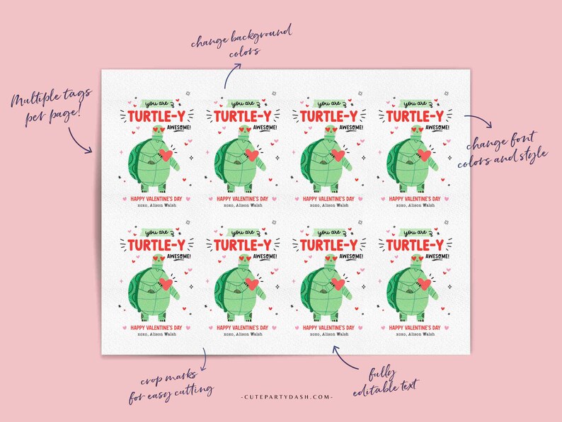 Valentine's Day Kids Classroom Punny Tags Printable INSTANT DOWNLOAD Happy Valentine's Day Pun Card EDITABLE Turtle Non-Candy School Teacher