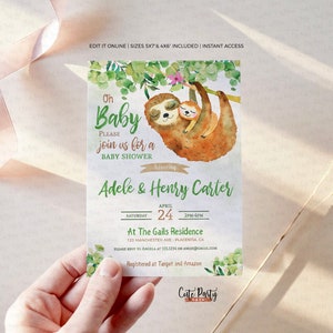 May include: A baby shower invitation with a watercolor illustration of a sloth and a baby sloth. The invitation is green and brown with the text "Oh Baby" and "Please join us for a baby shower honoring Adele & Henry Carter".