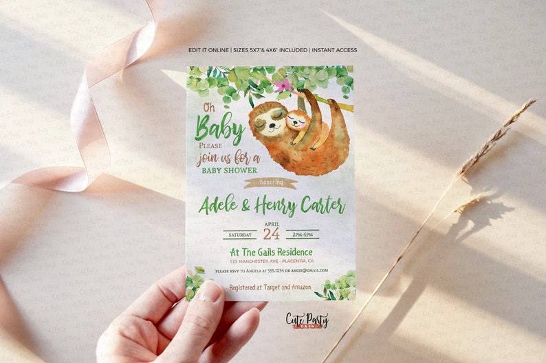 May include: A baby shower invitation with a watercolor illustration of a sloth and a baby sloth. The invitation is green and brown with the text "Oh Baby" and "Please join us for a baby shower honoring Adele & Henry Carter".