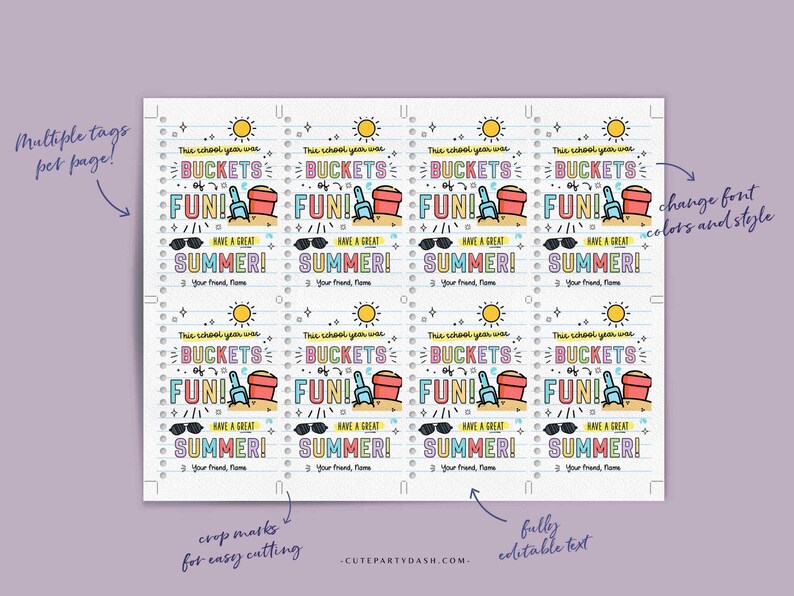 Buckets of fun Gift Tags Editable Have a Great Summer tag End of School Year Tags Template Printable Summer gift Last day