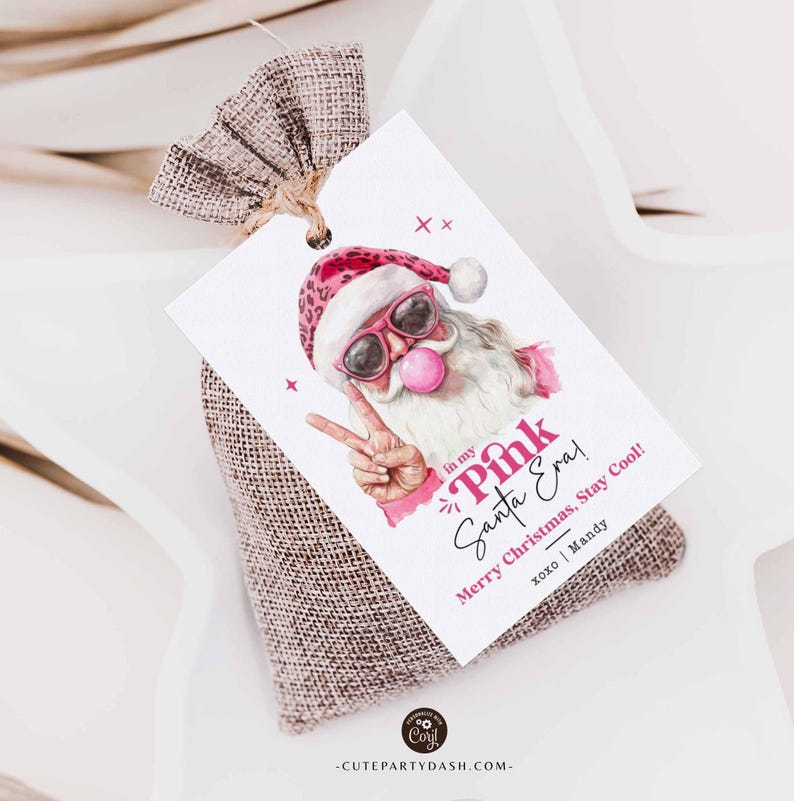In My Pink Santa Era Christmas Gift Tag Printable INSTANT DOWNLOAD Trendy Retro Christmas Gift Tag –  Cool Santa Holiday Tag for Fun Gifting