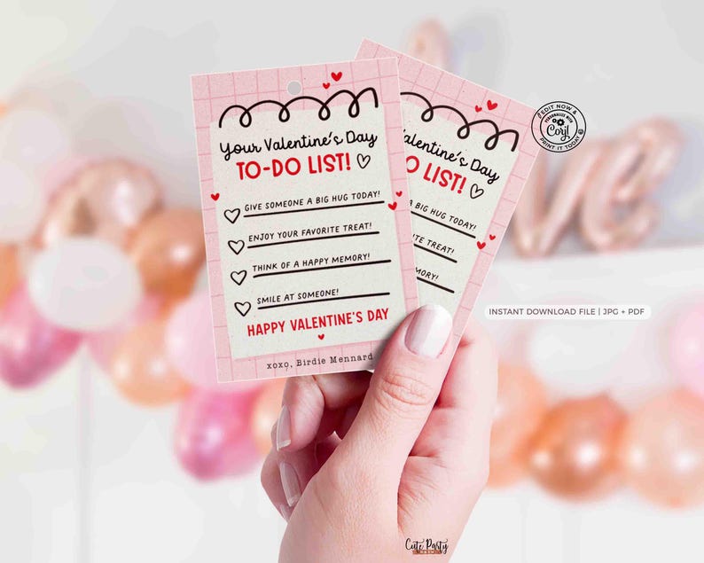 Valentine’s Day To-Do List Classroom Valentine Kids Tag Printable INSTANT DOWNLOAD Happy Valentine's Day EDITABLE gift tag