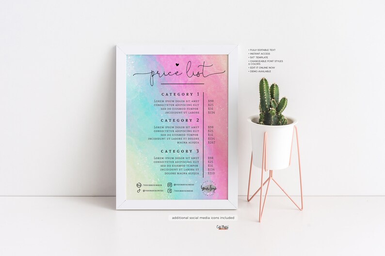 Op de afbeelding: Een afdrukbare prijslijst sjabloon met een aquarel achtergrond in tinten roze, blauw en groen. De tekst "price list" is geschreven in een cursief lettertype. Het sjabloon bevat drie categorie&euml;n met voorbeeldtekst en prijzen. Social media iconen zijn opgenomen onderaan het sjabloon.