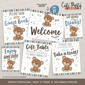 INSTANT DOWNLOAD, Little Bear Baby Shower Table signs, Bear cub baby shower printable, couples brown blue baby shower decor gift favor 454 image 1