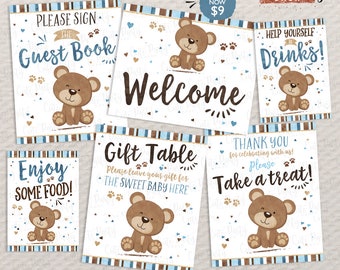 INSTANT DOWNLOAD, Little Bear Baby Shower Table signs, Bear cub baby shower printable, couples brown blue baby shower decor gift favor 454