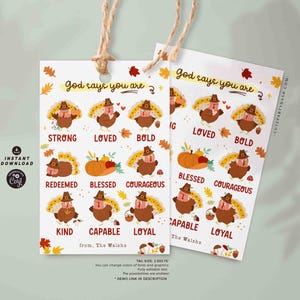 God Says You Are Religious Thanksgiving Gift Tag Printable INSTANT DOWNLOAD Christian Affirmation Tags Fall Appreciation Sunday School