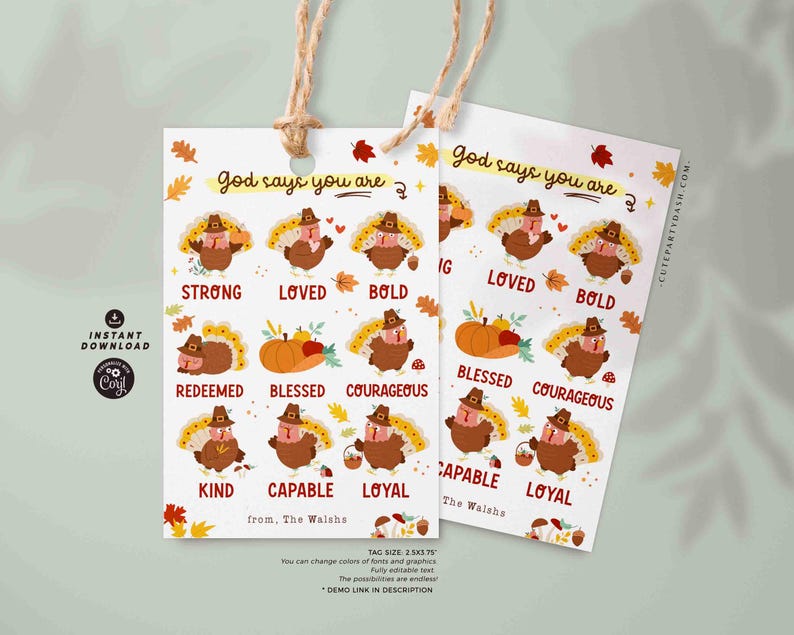 God Says You Are Religious Thanksgiving Gift Tag Printable INSTANT DOWNLOAD Christian Affirmation Tags Fall Appreciation Sunday School