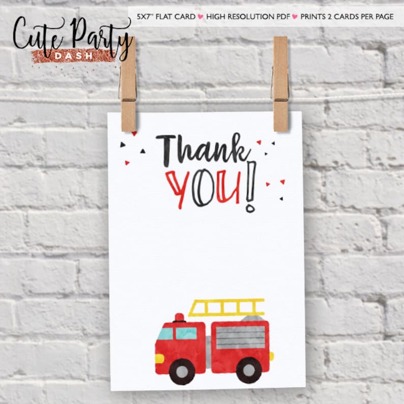 May include: A red fire truck thank you card with a watercolor design. The card says "Thank You!" in black and red lettering.