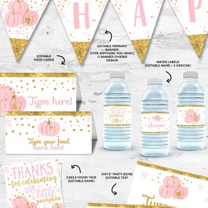 May include: Printable party decorations for a little pumpkin themed birthday party. The set includes a welcome sign, pennant banner, cupcake toppers, food cards, favour tags, party signs, water bottle labels, and straw flags. All items are editable with a pink and gold colour scheme.