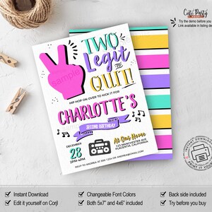May include: A printable birthday invitation for a child turning two years old. The invitation features a pink hand with a peace sign, a boombox, and the text "Two Legit to Quit! Hip Hop on over to kick it for Charlotte's Second Birthday".