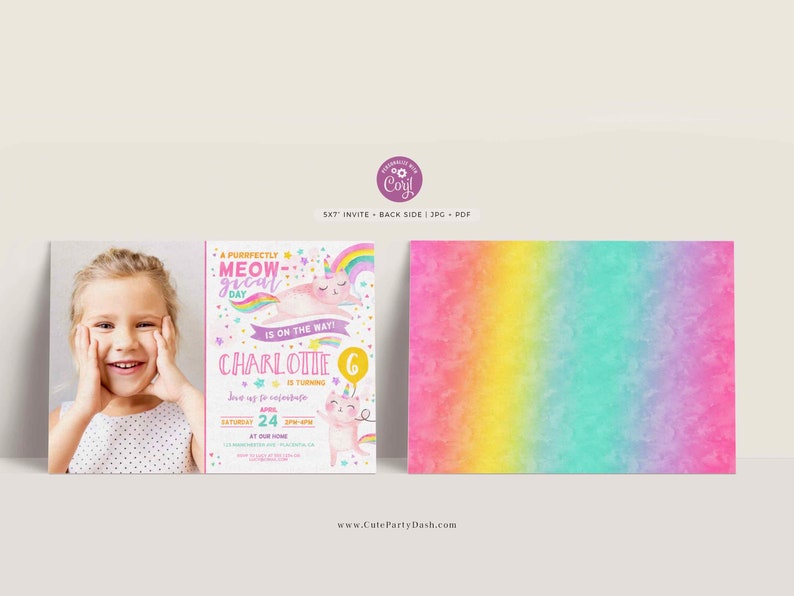 INSTANT DOWNLOAD, Caticorn Birthday Party Photo invitation, Cat unicorn rainbow Birthday, corjl invitation girl Printable EDITABLE #496