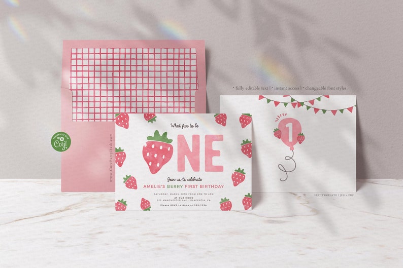 Berry First Birthday invitation digital Strawberry Printable invite Editable Berry Sweet One Girl birthday party INSTANT DOWNLOAD 408