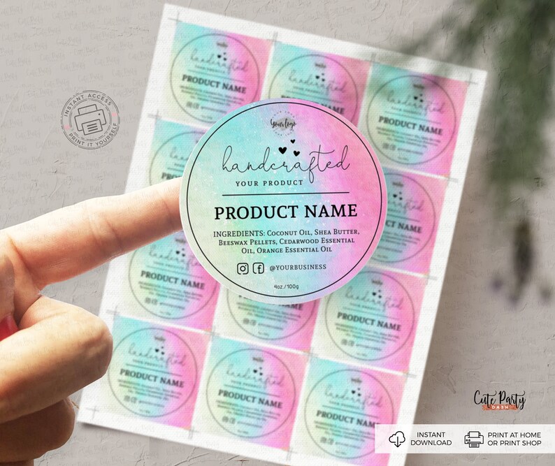 May include: A set of 9 printable labels with a watercolor background in shades of pink, blue, and green. The labels feature a circle with the text "handcrafted" and "your product" in black. The labels also include the text "product name" and space for additional information.