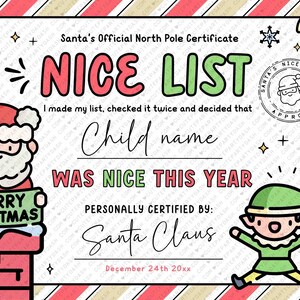 EDITABLE Official Letter from Santa Claus Nice List Certificate Bundle INSTANT DOWNLOAD Christmas eve box Printable Santa North Pole Mail