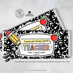 Thank You Gift Chocolate Bar Wrapper INSTANT DOWNLOAD Teacher Week Appreciation Gift Idea Coach Staff Printable Candy Bar Wrappers Editable