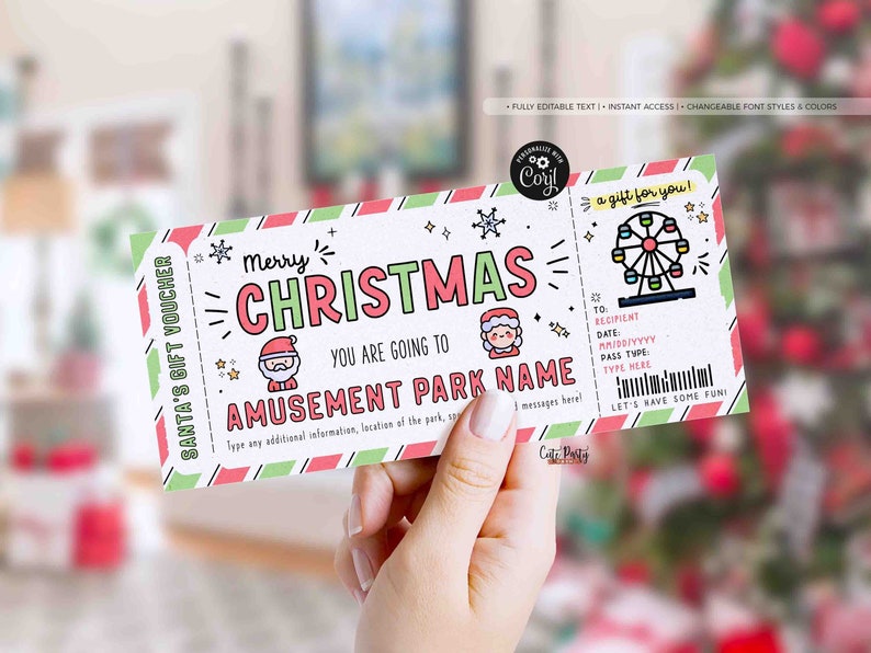 May include: A printable Christmas gift voucher with a red, green, and white striped border. The voucher says "Merry Christmas" and "You are going to [AMUSEMENT PARK NAME]" with a cartoon Santa Claus illustration. The voucher also includes a space to write a message and a cartoon Ferris wheel illustration.