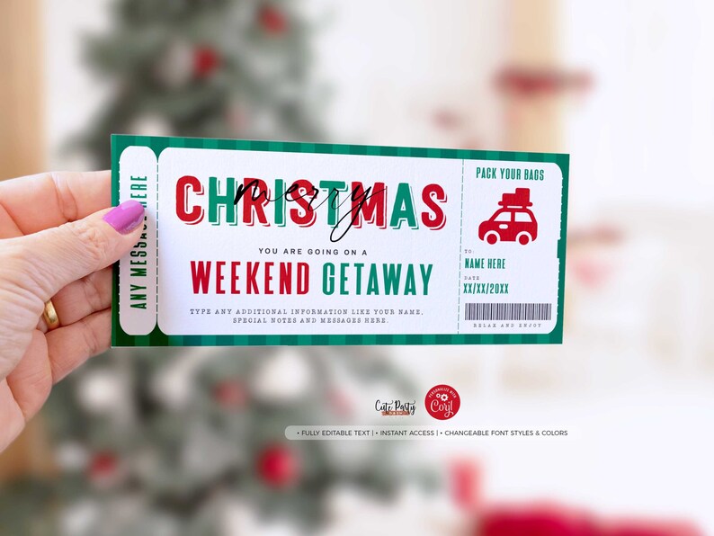 May include: A printable Christmas weekend getaway ticket with a red and green color scheme. The ticket says "Merry Christmas" and "You are going on a weekend getaway".