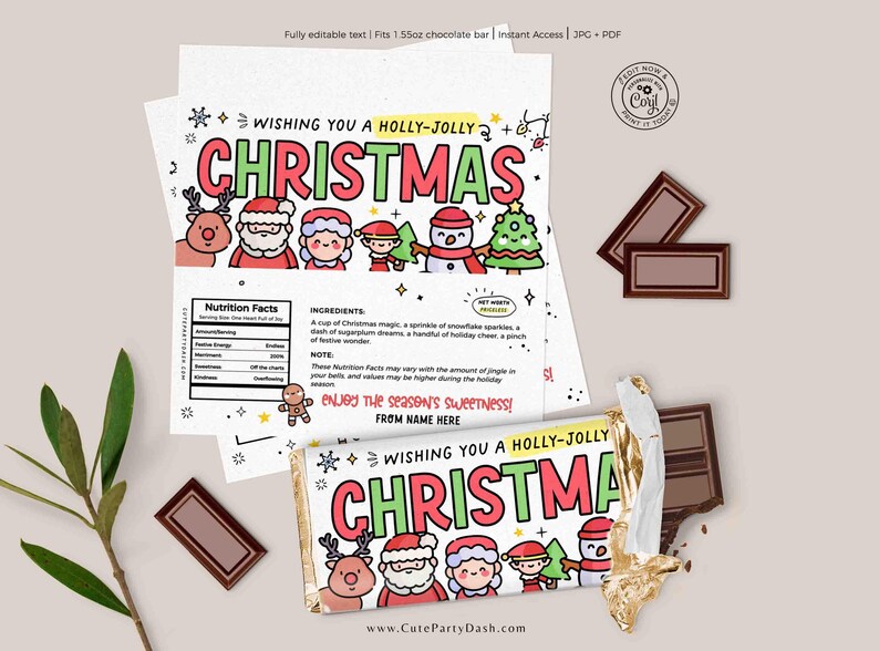 Christmas Gift Chocolate Bar Wrapper Template Printable INSTANT DOWNLOAD Happy Holidays Merry Christmas Gift for Friend teacher team FECH