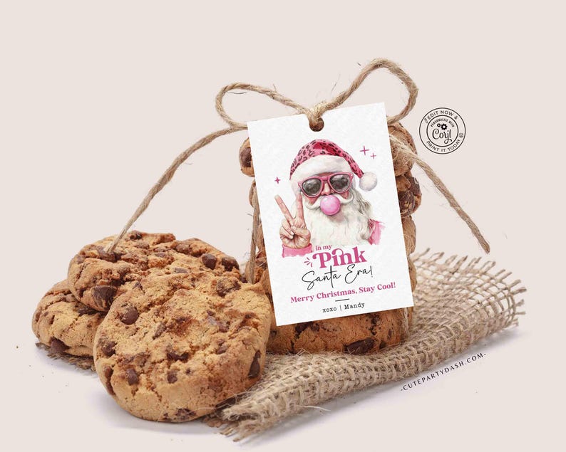 In My Pink Santa Era Christmas Gift Tag Printable INSTANT DOWNLOAD Trendy Retro Christmas Gift Tag –  Cool Santa Holiday Tag for Fun Gifting