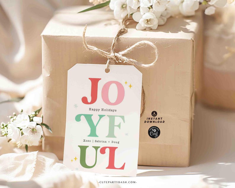Joyful Christmas Gift Tag Printable INSTANT DOWNLOAD Happy Holidays Colorful Wine Bottle Label Sticker Modern Christmas Festive Favor Tag