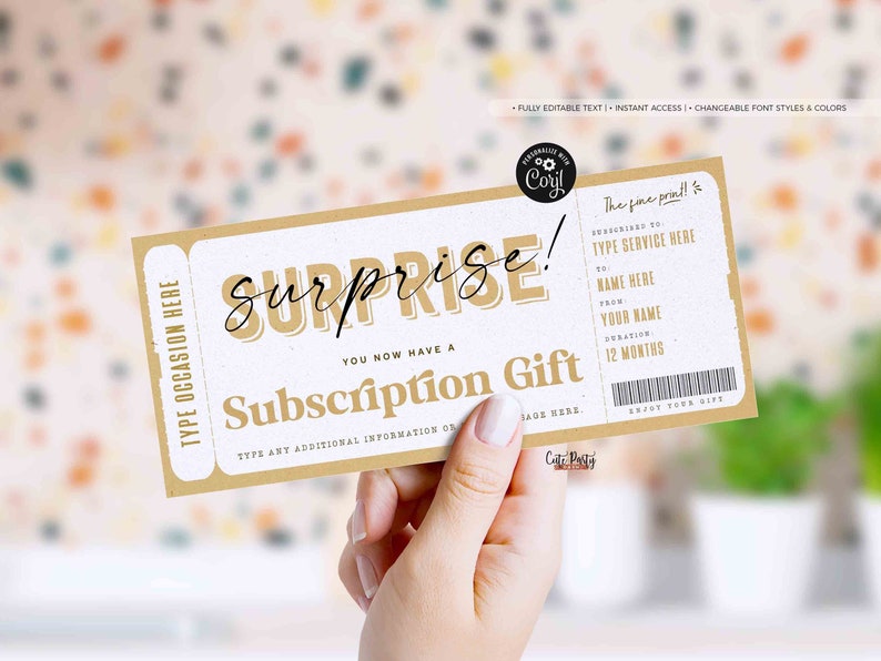 Surprise Birthday Gift, Subscription Gift Ticket Voucher, Streaming Service, EDITABLE Subscription Box Coupon Gift INSTANT DOWNLOAD