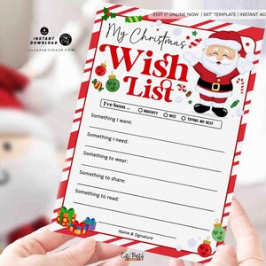 Christmas Wish List for kids Printable INSTANT DOWNLOAD Editable Christmas 5x7" Holidays Wish List template Santa Wish List, Letter to Santa