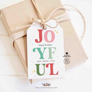 Joyful Christmas Gift Tag Printable INSTANT DOWNLOAD Happy Holidays Colorful Wine Bottle Label Sticker Modern Christmas Festive Favor Tag