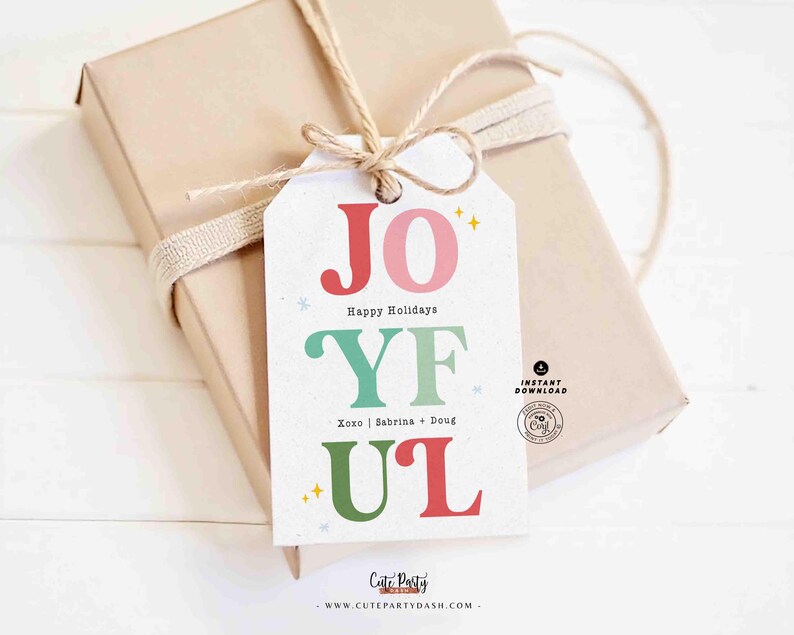Joyful Christmas Gift Tag Printable INSTANT DOWNLOAD Happy Holidays Colorful Wine Bottle Label Sticker Modern Christmas Festive Favor Tag