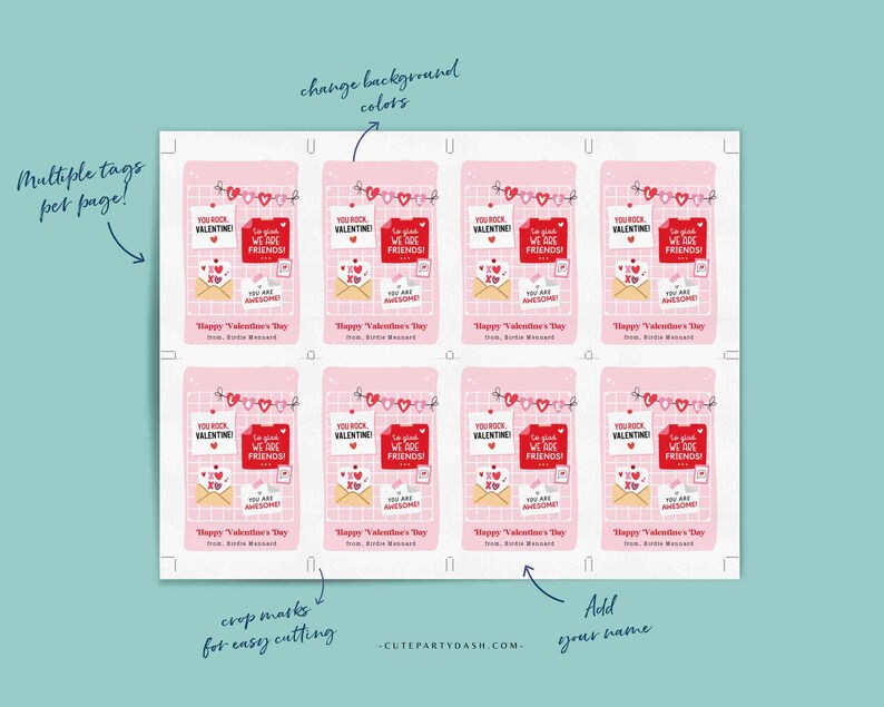 May include: Printable Valentine's Day tags with pink and red hearts, a grid pattern, and the text "You Rock Valentine!" and "We Are Friends!"  The tags are designed to be cut out and used for gifts or favors.