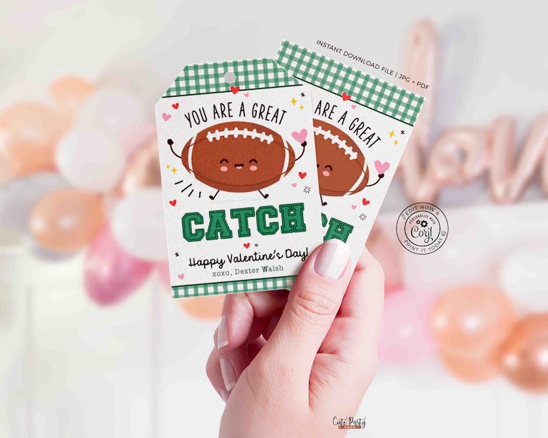 May include: Printable Valentine's Day gift tags with a green and white gingham pattern. The tags feature a cartoon football illustration and the text "You are a great catch! Happy Valentine's Day! xoxo, Dexter Walsh".