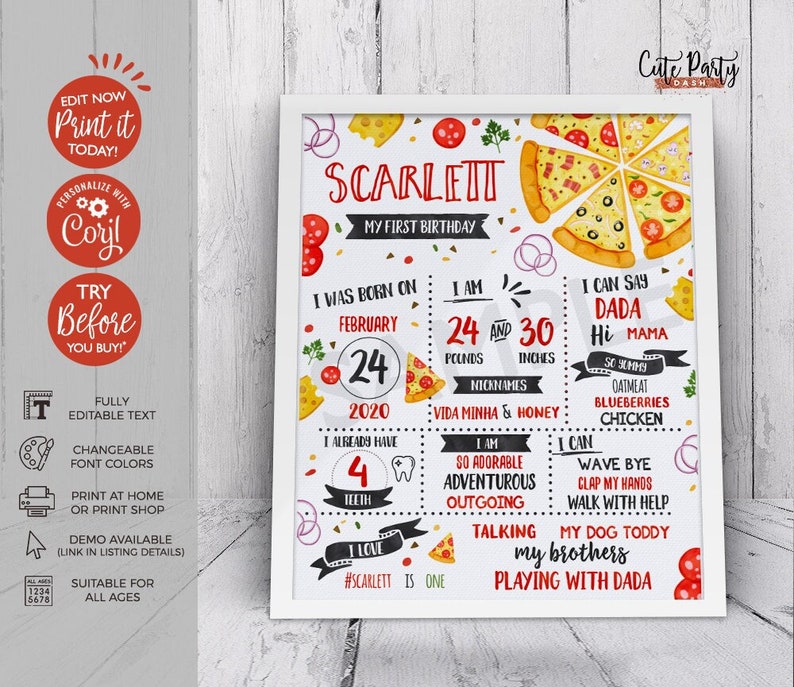 Op de afbeelding: Een kleurrijke, afdrukbare mijlpaalposter voor de eerste verjaardag met een pizzathema. De poster bevat een foto van een babymeisje genaamd Scarlett, samen met details over haar geboorte, gewicht, lengte en andere mijlpalen. De poster bevat ook een lijst met dingen die ze kan doen, zoals "dada" zeggen en zwaaien. De poster is versierd met pizzapunten, confetti en andere pizza-afbeeldingen.