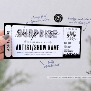 May include: A printable ticket template for a surprise event. The ticket is black and white with the text "Surprise! You are going to see [Artist/Show Name]" and a rock and roll hand symbol. The text is fully editable.