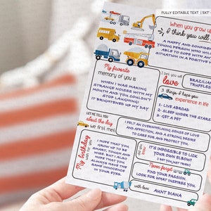 May include: A printable 5x7 card with a construction vehicle theme. The card features a message for a child, including the text "When you grow up I think you will be a happy and confident young person who will be able to cope with any situation in a positive way." The card also includes a section for a favorite memory, things the sender hopes the child will experience in life, and a message from the sender.
