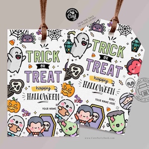 K&ouml;nnte beinhalten: Druckbare Halloween-Trick-or-Treat-Etiketten mit niedlichen Comicfiguren wie Geistern, K&uuml;rbissen und Vampiren. Die Etiketten sind wei&szlig; mit violetten, gr&uuml;nen und gelben Akzenten. Der Text auf den Etiketten lautet "Trick or Treat" und "Happy Halloween".