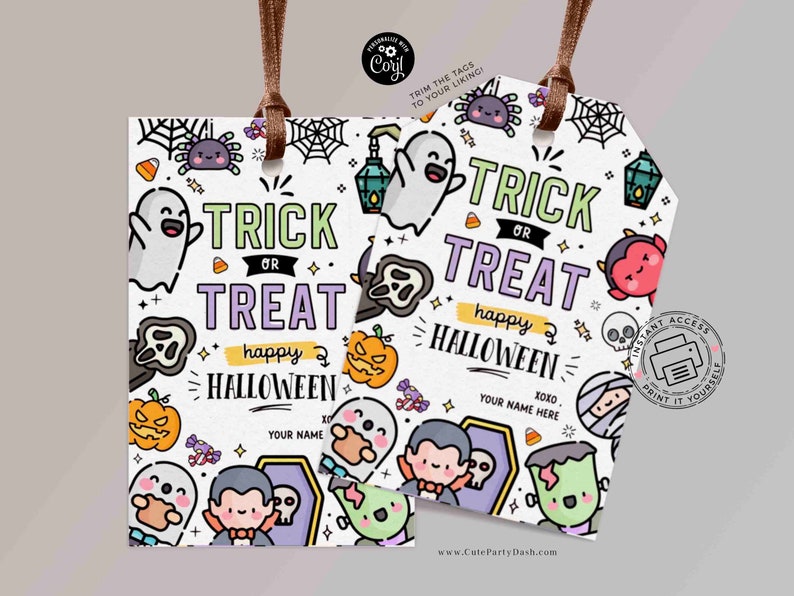 K&ouml;nnte beinhalten: Druckbare Halloween-Trick-or-Treat-Etiketten mit niedlichen Comicfiguren wie Geistern, K&uuml;rbissen und Vampiren. Die Etiketten sind wei&szlig; mit violetten, gr&uuml;nen und gelben Akzenten. Der Text auf den Etiketten lautet "Trick or Treat" und "Happy Halloween".