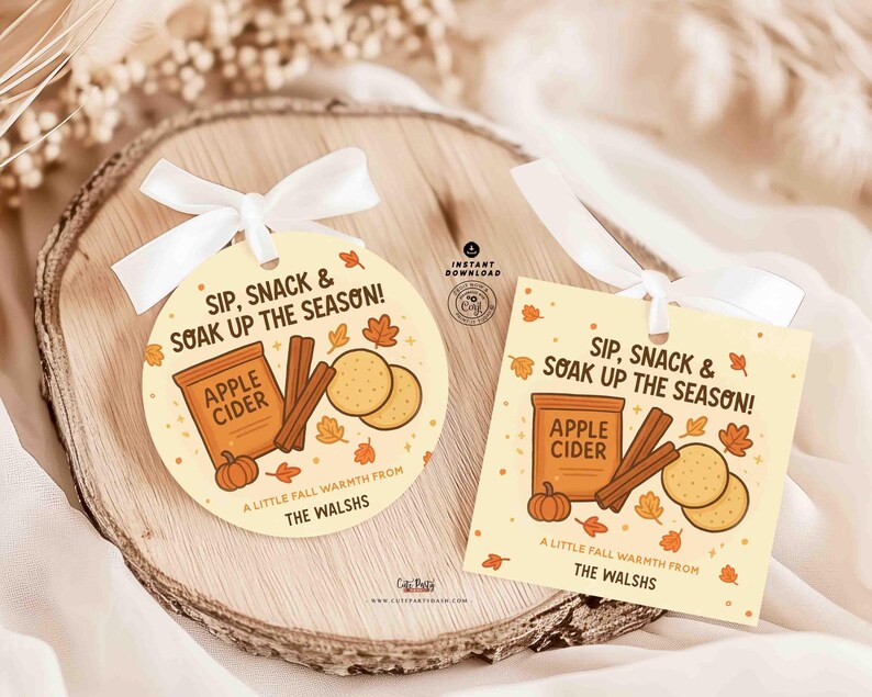 Fall Apple Cider Gift Tags Printable: Editable Treat Bag sticker (Digital Download) image 2