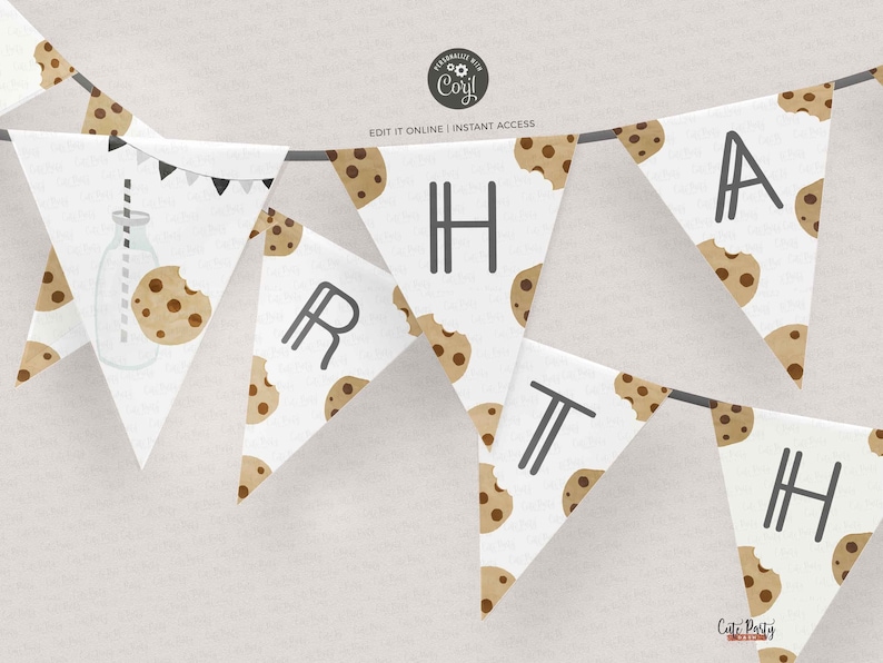Op de afbeelding: Een witte banner met een koekjespatroon en het woord "GEBOORTEDAG" in zwarte letters. De banner is gemaakt van driehoekige vlaggen met een koekjespatroon en de letters zijn zwart.