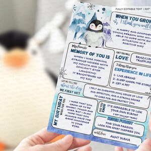 May include: A blue and white printable card with a penguin illustration. The card has the text "When you grow up I think you will be" and "My Birthday Wish for you".