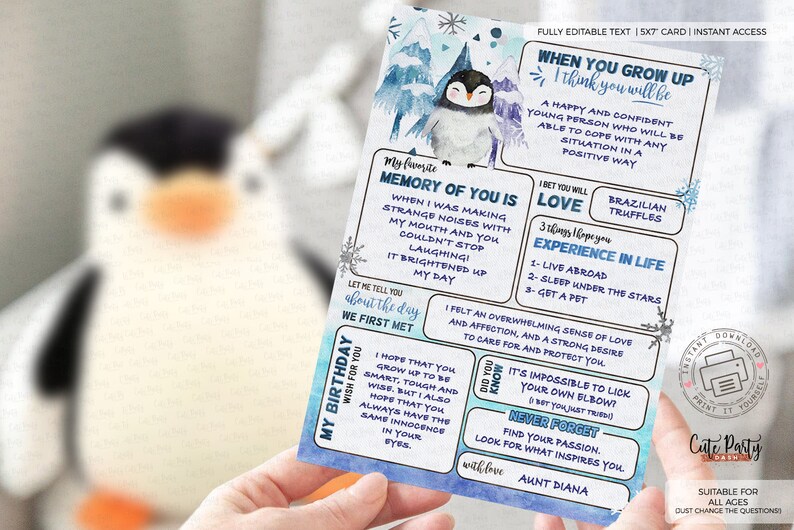 May include: A blue and white printable card with a penguin illustration. The card has the text "When you grow up I think you will be" and "My Birthday Wish for you".