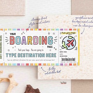 May include: A printable boarding pass template with colorful text that says "YOUR BOARDING PASS". The template includes a space to type in the destination, name, date, and a message. The template is decorated with stars, stripes, and a small airplane graphic.