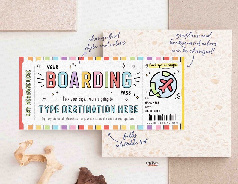 May include: A printable boarding pass template with colorful text that says "YOUR BOARDING PASS". The template includes a space to type in the destination, name, date, and a message. The template is decorated with stars, stripes, and a small airplane graphic.