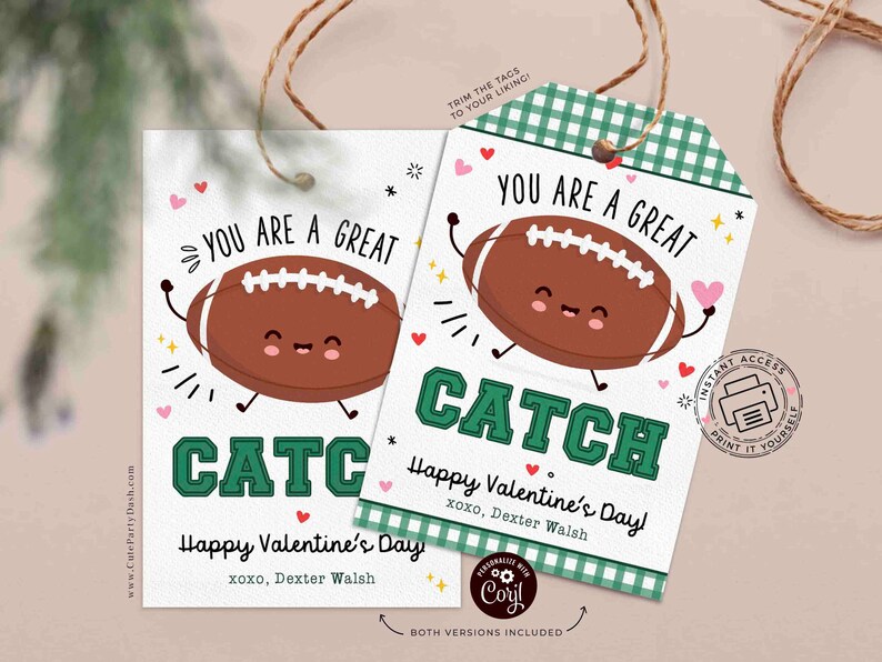 Football Valentine's Day Kids Classroom Tags Printable INSTANT DOWNLOAD You're a great CATCH Punny Editable Happy Valentines Day Pun Card