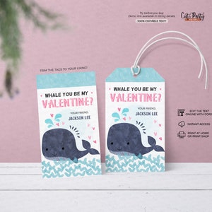 May include: Two blue and white whale Valentine's Day gift tags with the text "Whale you be my Valentine?" and "Your friend, Jackson Lee".