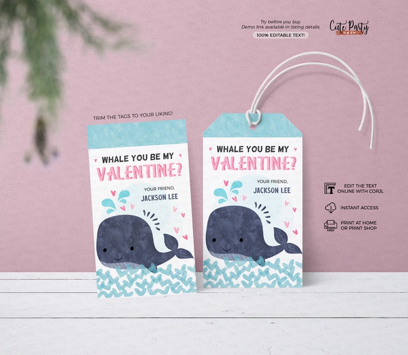 May include: Two blue and white whale Valentine's Day gift tags with the text "Whale you be my Valentine?" and "Your friend, Jackson Lee".