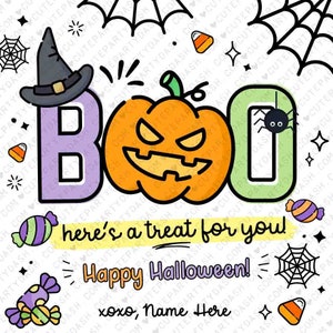 May include: A Halloween-themed card with a purple, orange, and green "BOO" graphic. The card has a witch's hat, a jack-o'-lantern, and a spider. The text reads "here's a treat for you! Happy Halloween! xoxo, Name Here".