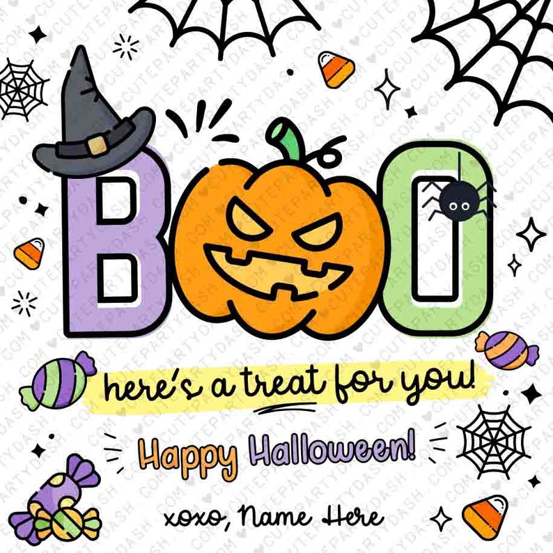 May include: A Halloween-themed card with a purple, orange, and green "BOO" graphic. The card has a witch's hat, a jack-o'-lantern, and a spider. The text reads "here's a treat for you! Happy Halloween! xoxo, Name Here".