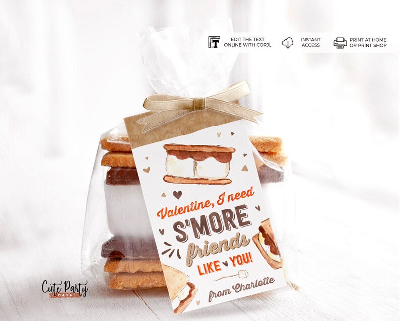 May include: A printable Valentine's Day card with a s'more illustration and the text "Valentine, I need S'MORE friends LIKE YOU! from Charlotte".